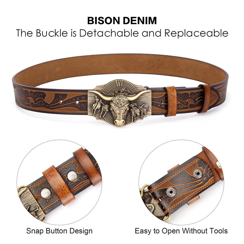 BISON DENIM Western Leather Belt for Men Women Cowboy Cowgirl Mens Buckle Belt for Jeans, Country Belt, Ideal Men's Gifts - Image 3
