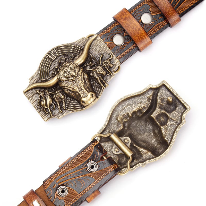 BISON DENIM Western Leather Belt for Men Women Cowboy Cowgirl Mens Buckle Belt for Jeans, Country Belt, Ideal Men's Gifts - Image 2