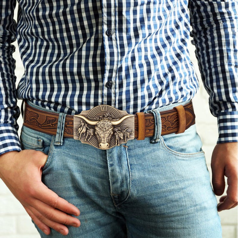 BISON DENIM Western Leather Belt for Men Women Cowboy Cowgirl Mens Buckle Belt for Jeans, Country Belt, Ideal Men's Gifts - Image 5