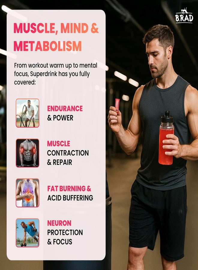 B.rad Superdrink Sugar-Free Electrolyte & Hydration Powder w/Creatine | Plus Brain & Recovery Boosters | 30 Jumbo Single-Serving Packets of 11.5g | Light, Natural Strawberry Lemonade Flavor - Image 5