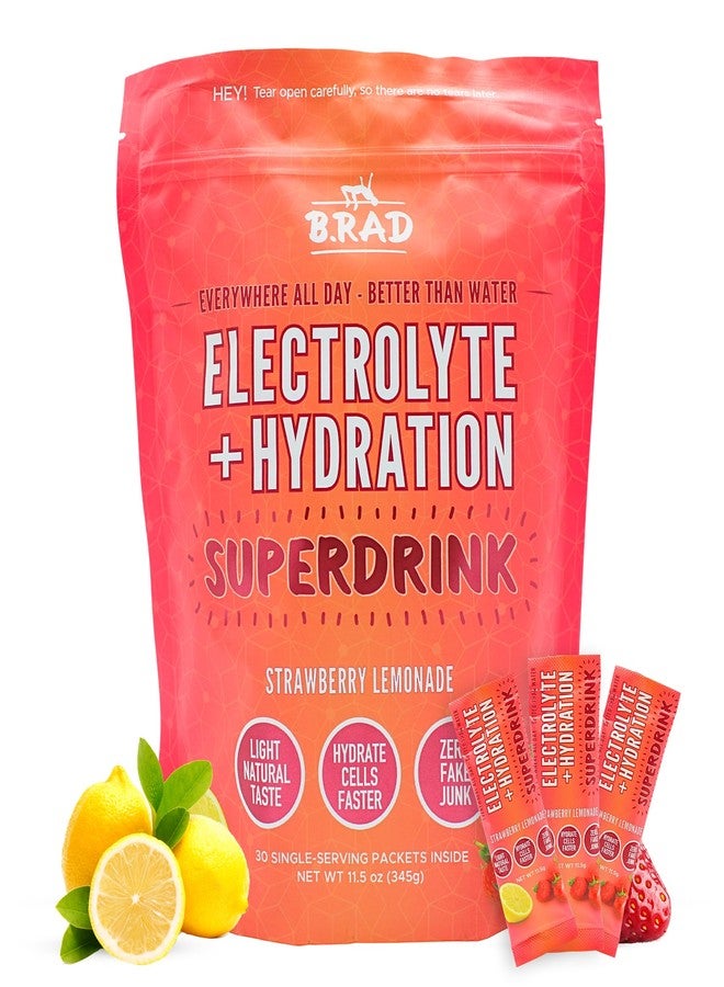 B.rad Superdrink Sugar-Free Electrolyte & Hydration Powder w/Creatine | Plus Brain & Recovery Boosters | 30 Jumbo Single-Serving Packets of 11.5g | Light, Natural Strawberry Lemonade Flavor - Image 1