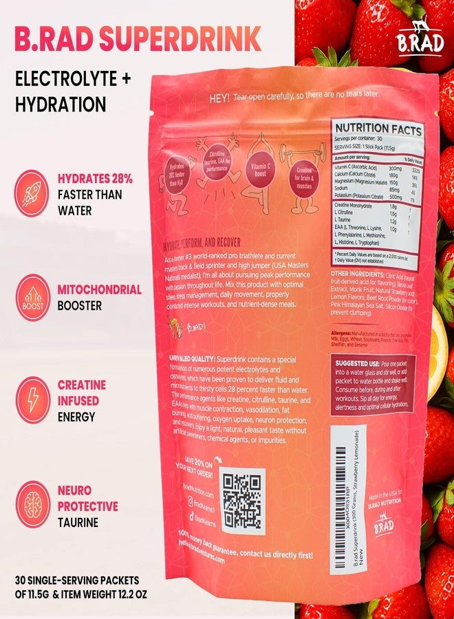 B.rad Superdrink Sugar-Free Electrolyte & Hydration Powder w/Creatine | Plus Brain & Recovery Boosters | 30 Jumbo Single-Serving Packets of 11.5g | Light, Natural Strawberry Lemonade Flavor - Image 2