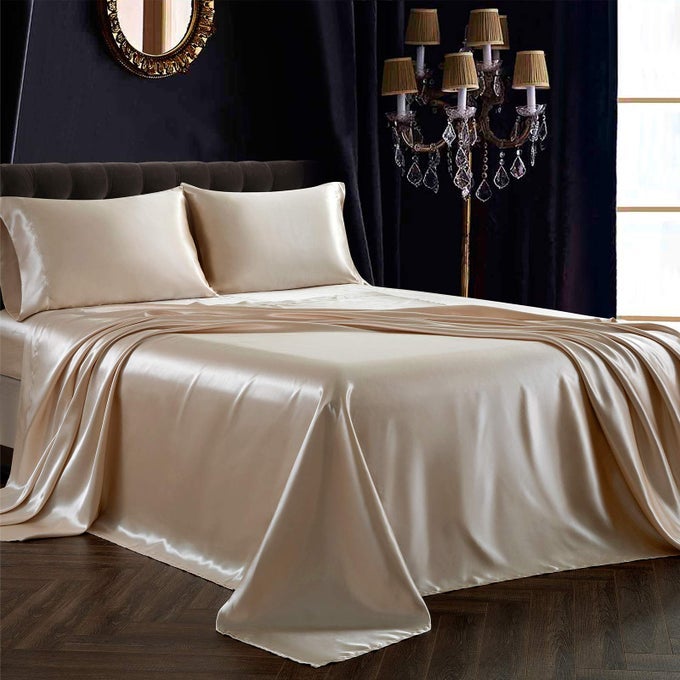 3PCS SATIN SHEET SET TWIN SIZE ULTRA SILKY SOFT BEIGE SATIN TWIN BED SHEETS WITH DEEP POCKET 1 FITTED SHEET 1 FLAT SHEET 1 ENVELOPE CLOSURE PILLOWCASES