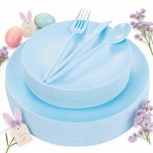 ejonirinjonir EI 150pcs Blue Plastic Plates Disposable Light Blue Baby Shower Plates Heavy Duty Dinnerware Set Plastic Silverware for Party,Wedding,Easter,Spring Afternoon Tea - Image 1