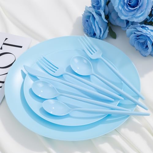ejonirinjonir EI 150pcs Blue Plastic Plates Disposable Light Blue Baby Shower Plates Heavy Duty Dinnerware Set Plastic Silverware for Party,Wedding,Easter,Spring Afternoon Tea - Image 3