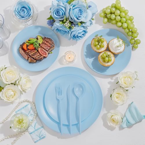 ejonirinjonir EI 150pcs Blue Plastic Plates Disposable Light Blue Baby Shower Plates Heavy Duty Dinnerware Set Plastic Silverware for Party,Wedding,Easter,Spring Afternoon Tea - Image 4