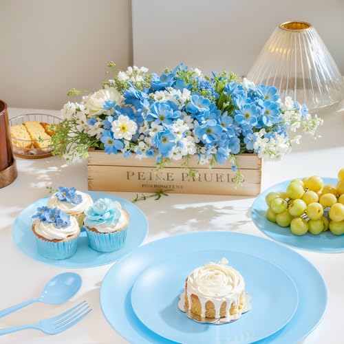ejonirinjonir EI 150pcs Blue Plastic Plates Disposable Light Blue Baby Shower Plates Heavy Duty Dinnerware Set Plastic Silverware for Party,Wedding,Easter,Spring Afternoon Tea - Image 5