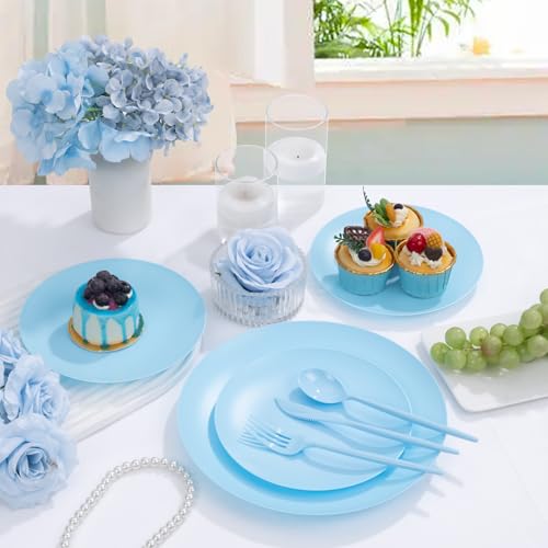 ejonirinjonir EI 150pcs Blue Plastic Plates Disposable Light Blue Baby Shower Plates Heavy Duty Dinnerware Set Plastic Silverware for Party,Wedding,Easter,Spring Afternoon Tea - Image 2