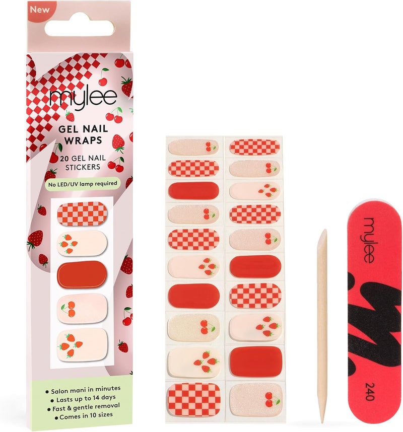 Mylee Gel Nail Wraps Berries Cream 10 PreCured Gel Stickers for Instant Mani No Lamp Needed ChipResistant Glossy Finish Lasts Up to 14 Days Easy to Apply Vegan CrueltyFree
