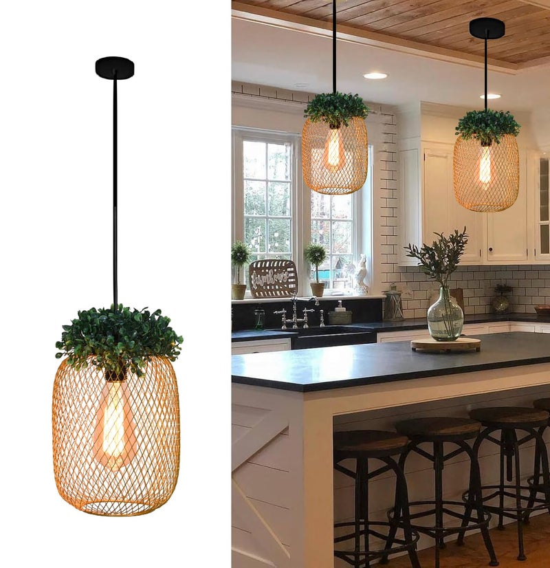 Groeien Gold Finish Metal Mesh Leaf Hanging Pendant Ceiling Lamp Fixture | Chandelier for Home, Indoor, Outdoor,Living Room, Bedroom(Bulb Included) (MeshLeaf-Gold, 1) - Image 1