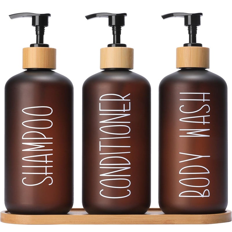 MOMEEMO Amber Shower Dispenser Set Contains 3 ExtraThick PET Plastic Bottles with Bamboo Pumps Shampoo and Conditioner Dispenser for Shower Perfect for Modern Bathroom Decor Amber