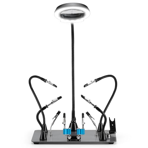 SainSmart Soldering Station 6 Flexible Helping Hands 5X Magnifying Lamp with 5 Color 10 Brightness Level Magnetic Soldering Iron Stand Heavy Duty Base - Image 1