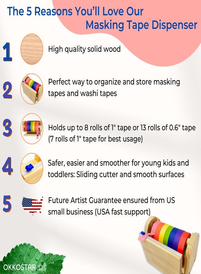 OKKOSTAR Wood Masking Tape Holder, Kids Tape Dispenser, Craft Tape Dispenser, Multi Roll Tape Dispenser for Kids, Washi Tape Dispenser, Multi Tape Dispenser (Sliding Cutter) [Masking Tape NOT Included] - Image 2