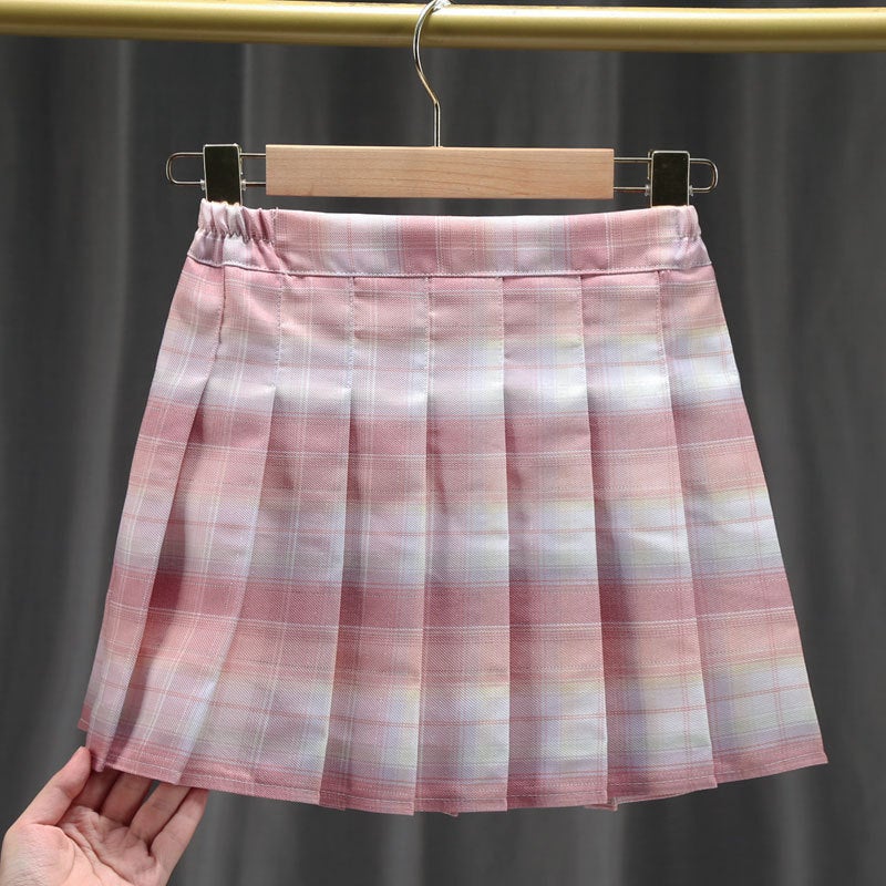 Girls Pleated Skirt Autumn Spring New Fashion Pink-gold plaid skirt 