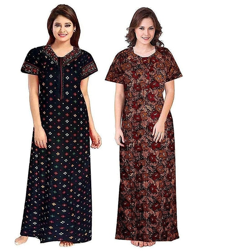 YUKATA Women's Cotton Printed Ankle Length Nighty - Free Size (Pack of 2) (Free Size, Blue&Brown) - Image 1