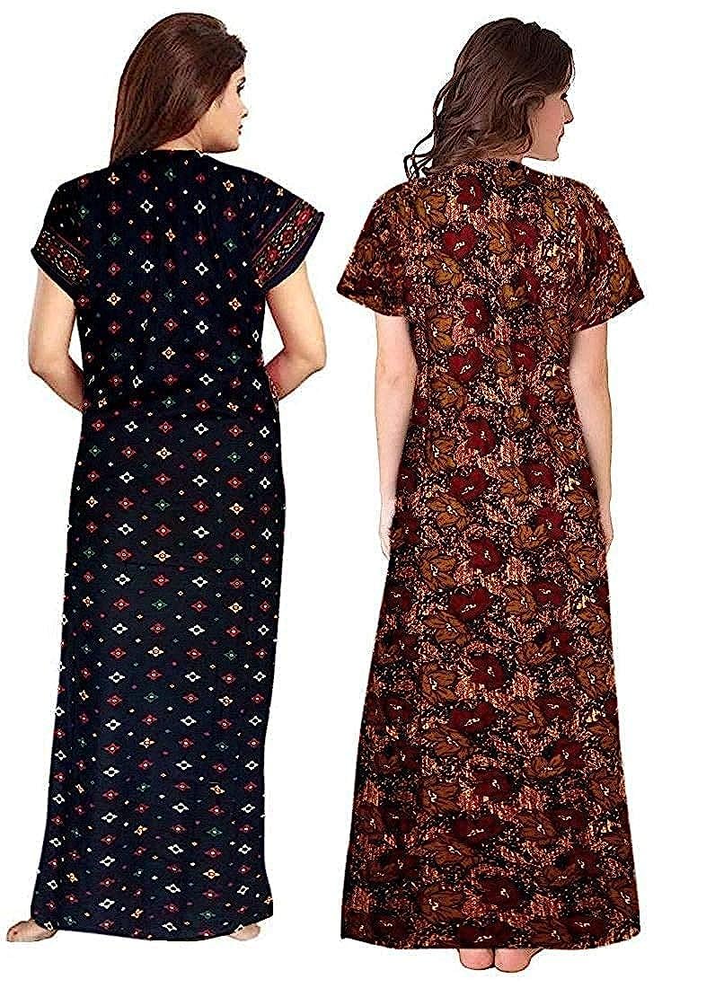 YUKATA Women's Cotton Printed Ankle Length Nighty - Free Size (Pack of 2) (Free Size, Blue&Brown) - Image 2