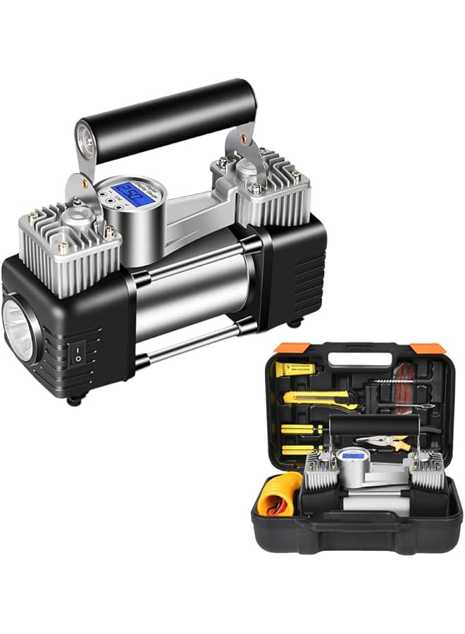 erorex Tire Inflator Electric Car Tyre Inflator Pump Double Cylinder Air Compressor Tool Set 12V Portable With Digital Pressure Gauge Emergency Led Light - Image 1