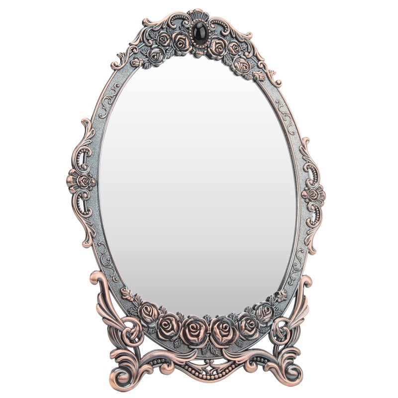 Retro Desktop Makeup Mirror Floral Embossed Beaded Edges Clear Image Functional Vintage Mirror DecorationRed Copper - Image 3