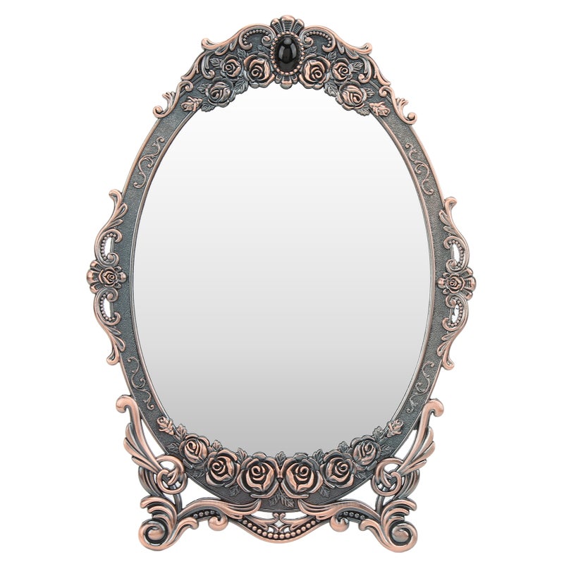 Retro Desktop Makeup Mirror Floral Embossed Beaded Edges Clear Image Functional Vintage Mirror DecorationRed Copper - Image 2