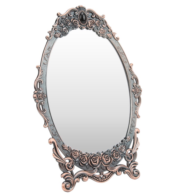 Retro Desktop Makeup Mirror Floral Embossed Beaded Edges Clear Image Functional Vintage Mirror DecorationRed Copper - Image 4