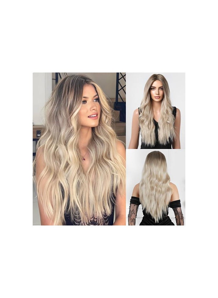 باروكة شعر صناعي  طويل  مموج  لون اشقر شعر حراري