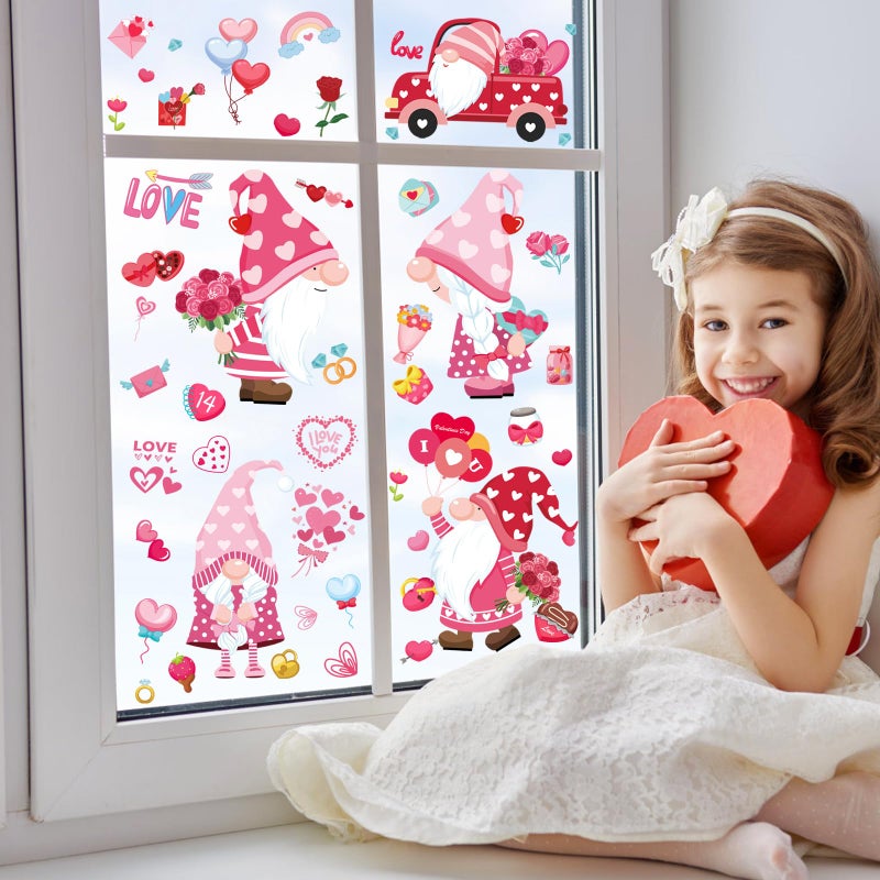 DC-BEAUTIFUL 107 PCS Valentines Window Clings, 9 Sheets Double-Sided Pink Love Heart Gnome Valentine Decoration Window Stickers, Reusable Static Holiday Window Decals for Home Wedding Party Decors - Image 5