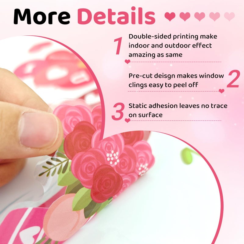 DC-BEAUTIFUL 107 PCS Valentines Window Clings, 9 Sheets Double-Sided Pink Love Heart Gnome Valentine Decoration Window Stickers, Reusable Static Holiday Window Decals for Home Wedding Party Decors - Image 3