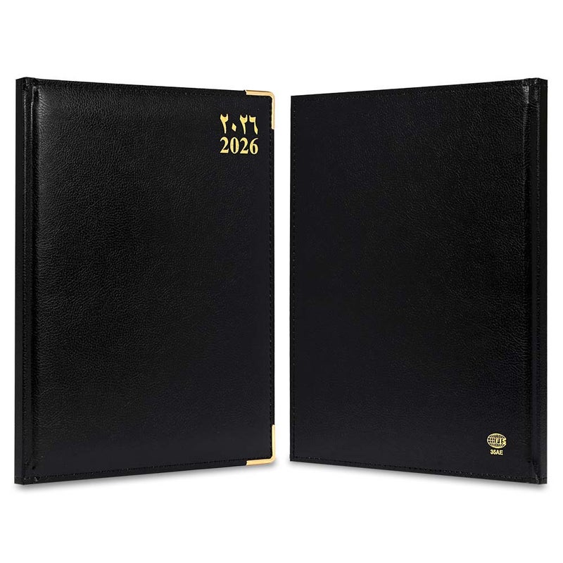 FIS 2026 Executive Diary, 210x260mm, 1 Side Padded Sewn Vinyl Cover, Golden Corners, 1 Week at a Glance, Arabic/English/French, 70gsm White Paper, Black Cover-FSDI35AE26BK - Image 2