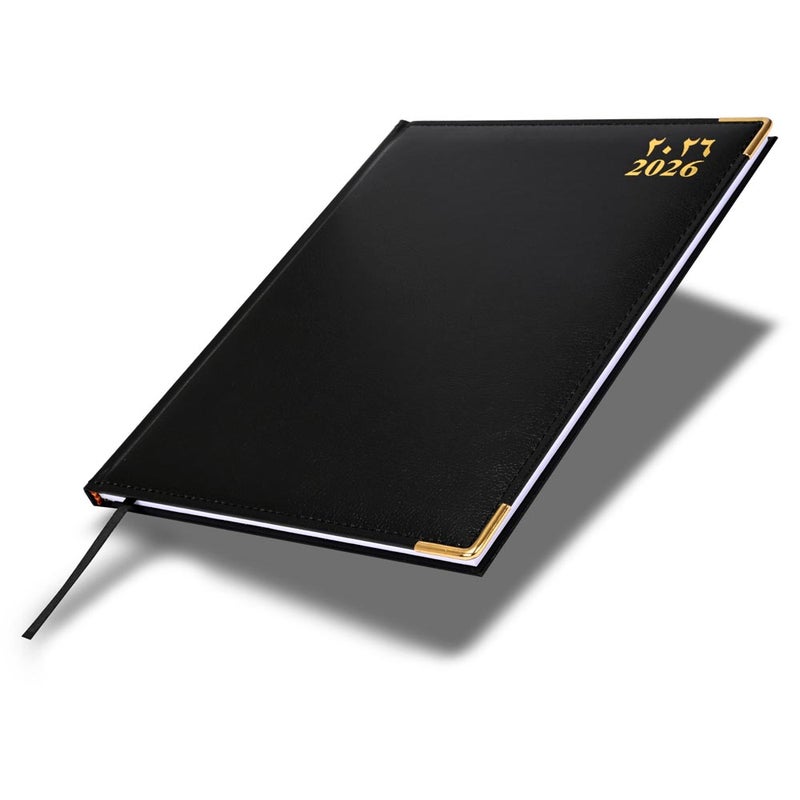 FIS 2026 Executive Diary, 210x260mm, 1 Side Padded Sewn Vinyl Cover, Golden Corners, 1 Week at a Glance, Arabic/English/French, 70gsm White Paper, Black Cover-FSDI35AE26BK - Image 1