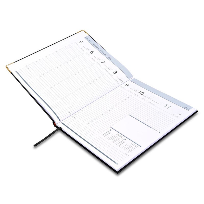 FIS 2026 Executive Diary, 210x260mm, 1 Side Padded Sewn Vinyl Cover, Golden Corners, 1 Week at a Glance, Arabic/English/French, 70gsm White Paper, Black Cover-FSDI35AE26BK - Image 3