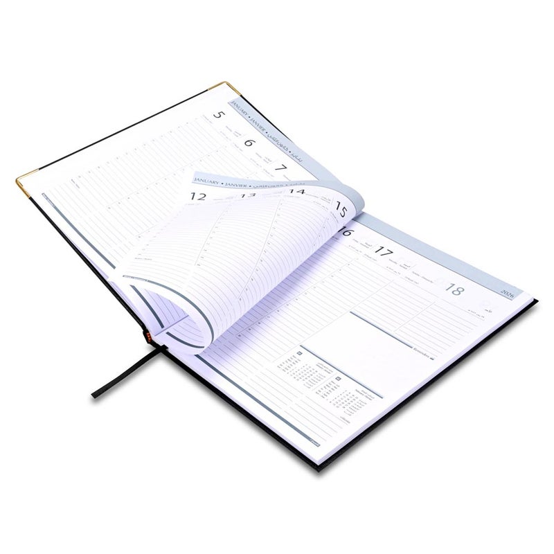 FIS 2026 Executive Diary, 210x260mm, 1 Side Padded Sewn Vinyl Cover, Golden Corners, 1 Week at a Glance, Arabic/English/French, 70gsm White Paper, Black Cover-FSDI35AE26BK - Image 4