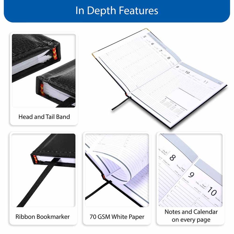 FIS 2026 Executive Diary, 210x260mm, 1 Side Padded Sewn Vinyl Cover, Golden Corners, 1 Week at a Glance, Arabic/English/French, 70gsm White Paper, Black Cover-FSDI35AE26BK - Image 5