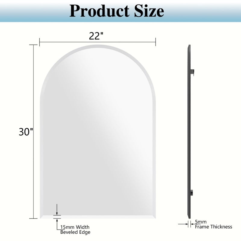 JIINGYO Frameless Bathroom Mirror, 22"x30" Arched Bathroom Vanity Mirrors for Beveled Edge, Arched Wall Mirror, Decorative Arch Mirrors for Bedroom, Entryway, Living Room - Image 2
