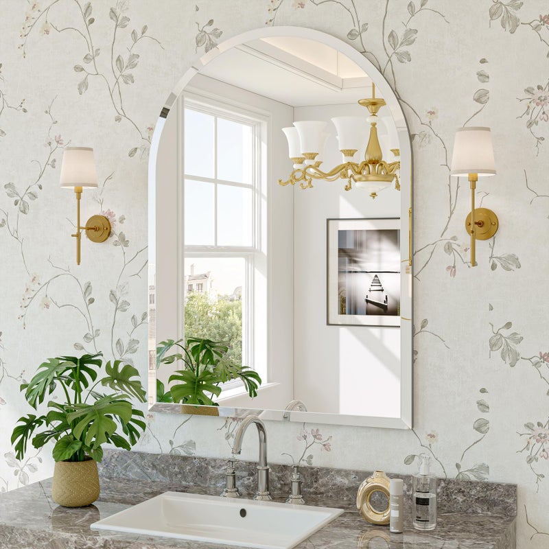 JIINGYO Frameless Bathroom Mirror, 22"x30" Arched Bathroom Vanity Mirrors for Beveled Edge, Arched Wall Mirror, Decorative Arch Mirrors for Bedroom, Entryway, Living Room - Image 1