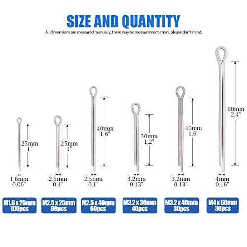 Glarks 340Pieces 6 Sizes 304 Stainless Steel Cotter Pin Clip Key Fastner Fitting Assortment Kit for Automotive Mechanics Car Garage Power Equipment Cars Trucks Lawn Mower Small Engine Repair - Image 3