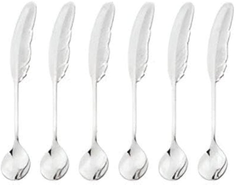 Coffee Stirrer - Modern Stainless Steel Spoon with Feather Handle Grip for Mixing Espresso, Beverages, Ice Cream, and Cake Garnishes, Durable and Smooth Finish, Practical Set of 6 Matching Pieces