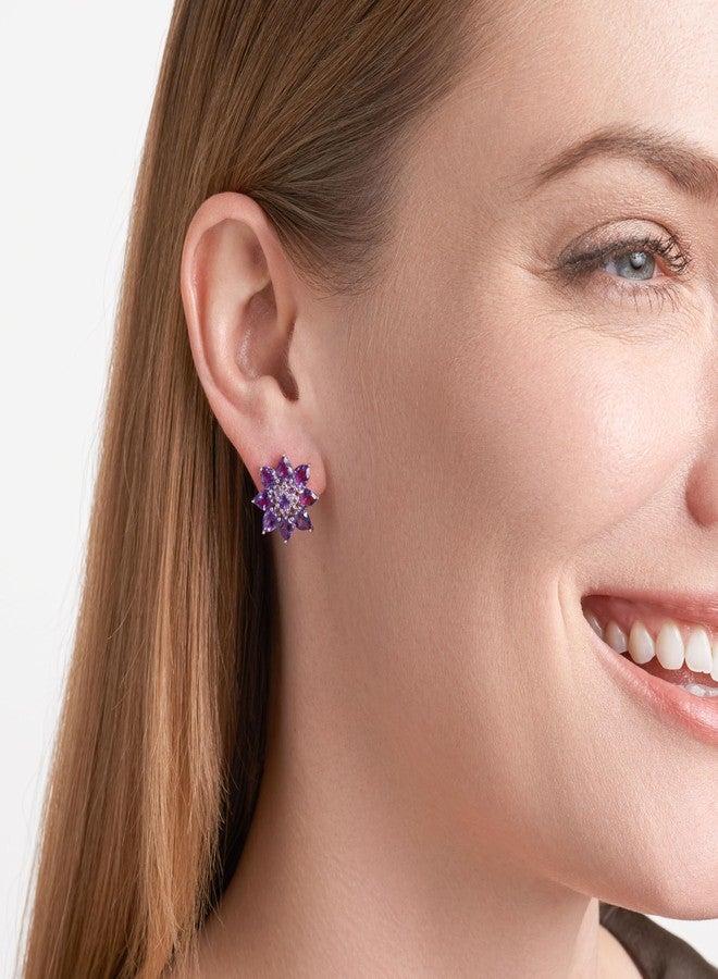 مورجان آند بايدج أقراط مورغان آند بيج من الفضة الإسترليني عيار 925 مطلية بالروديوم، مرصعة بحجر الجمشت الأرجواني الأصلي على شكل زهرة، للنساء - أقراط مرصعة بحجر الجمشت الأرجواني مقاس 3/4 بوصة، مجوهرات مضادة للحساسية للنساء - Image 2