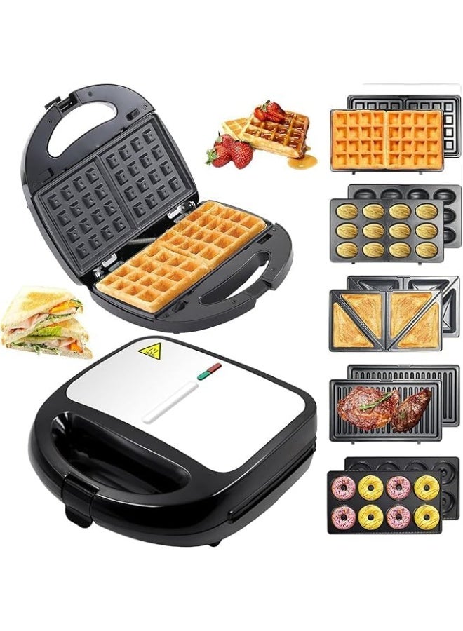 MUNTAQI صانعة السندويشات 5 في 1 مع لوحات قابلة للتبديل – وافل، شواية، بانيني، دونات وضغط السندويش – غير لاصقة، سهلة التنظيف، آلة إفطار مدمجة للمطبخ المنزلي - Image 1