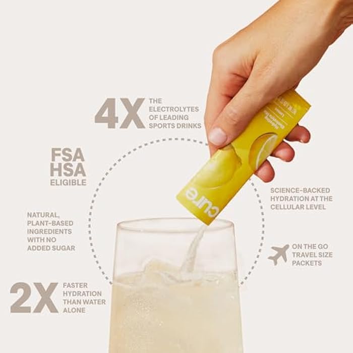 Cure Hydration | Plant-Based Electrolyte Drink Mix | No Added Sugar | FSA & HSA | Dehydration Relief Powder Made with Coconut Water | Non-GMO | Vegan | Pouch of 14 Packets - Lemonade - Image 3