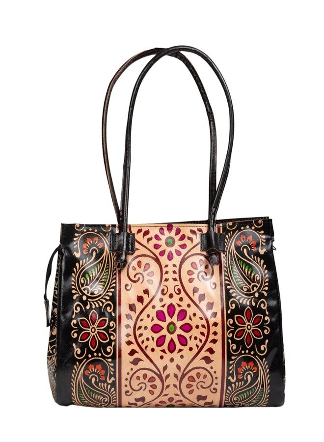 Chitrahar Shantiniketan Genuine Leather Traditional Batik Printed Shoulder Bag for Women (Black) - Image 1