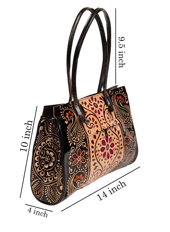 Chitrahar Shantiniketan Genuine Leather Traditional Batik Printed Shoulder Bag for Women (Black) - Image 3