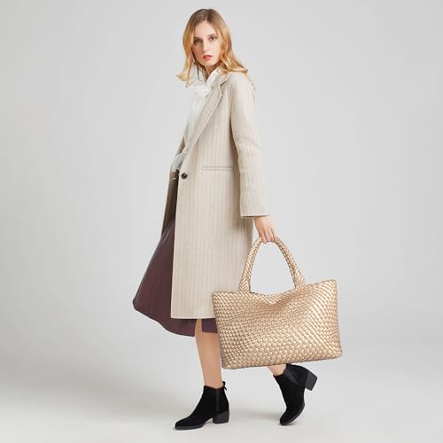 Queenoris Woven Bag for Women, Fashion Top Handle Shoulder Bag Vegan Leather Shopper Bag Large Travel Tote Bag (Golden) - Image 2