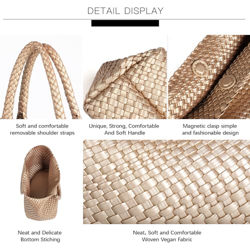 Queenoris Woven Bag for Women, Fashion Top Handle Shoulder Bag Vegan Leather Shopper Bag Large Travel Tote Bag (Golden) - Image 5