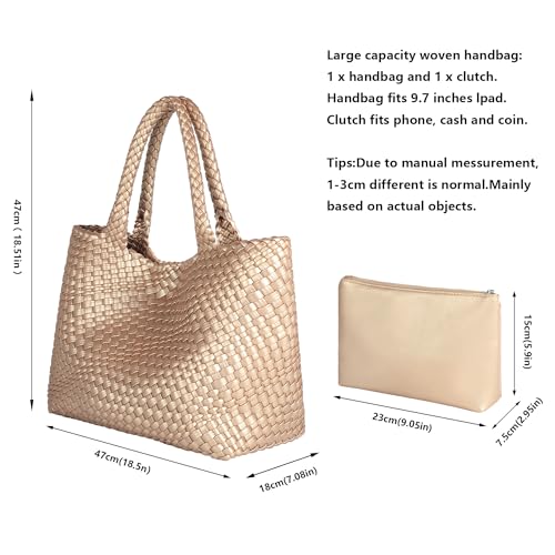 Queenoris Woven Bag for Women, Fashion Top Handle Shoulder Bag Vegan Leather Shopper Bag Large Travel Tote Bag (Golden) - Image 3