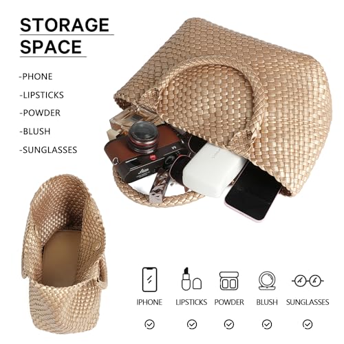 Queenoris Woven Bag for Women, Fashion Top Handle Shoulder Bag Vegan Leather Shopper Bag Large Travel Tote Bag (Golden) - Image 4