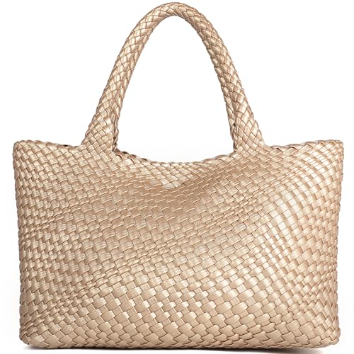 Queenoris Woven Bag for Women, Fashion Top Handle Shoulder Bag Vegan Leather Shopper Bag Large Travel Tote Bag (Golden) - Image 1