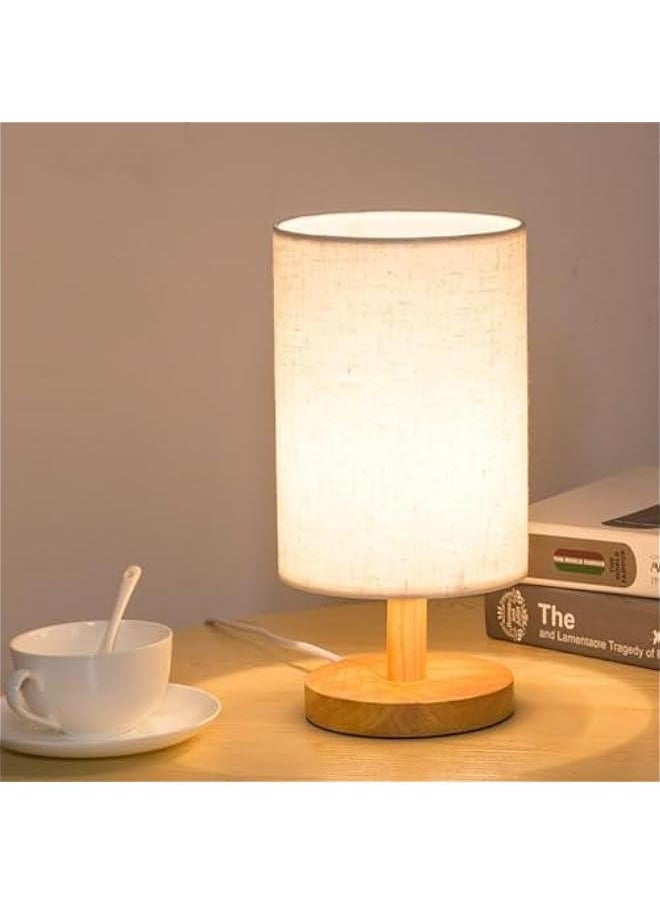 HOOKOR USB Bedside Circular Table Desk Lamp,Solid Wood Base with Flaxen Fabric Shade for Bedroom Living Room,Warm Light Small Table Lamp for Bedroom, Living Room,Nightstand,Office  - Image 1