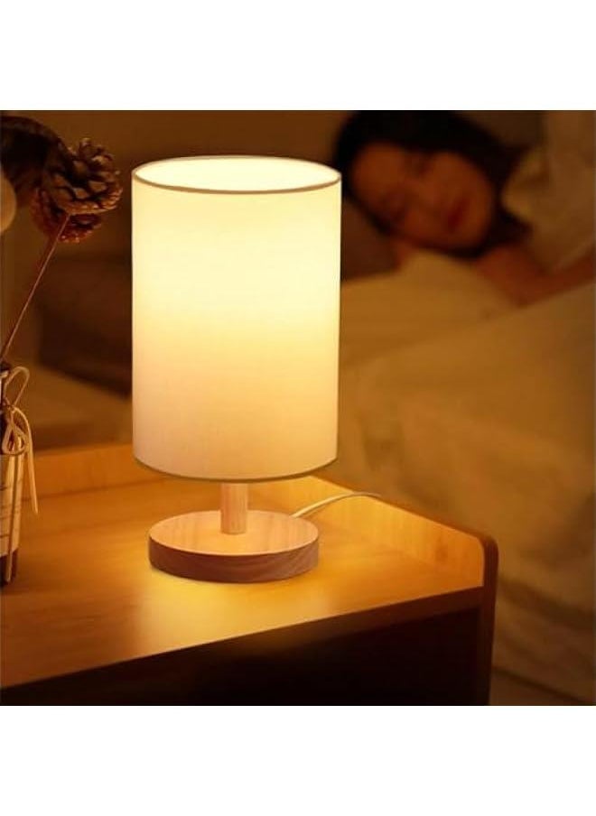 HOOKOR USB Bedside Circular Table Desk Lamp,Solid Wood Base with Flaxen Fabric Shade for Bedroom Living Room,Warm Light Small Table Lamp for Bedroom, Living Room,Nightstand,Office  - Image 5