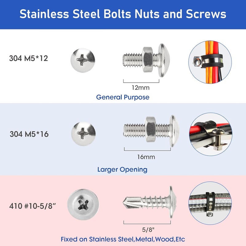 Nicalas 134 PCS Cable Clamps Assortment Kit and Stainless Steel Screws,304 Stainless Steel Rubber Cushioned Insulated Wire P Clamps 5 Sizes:1/4" 3/8" 1/2" 3/4" 1" - Image 3