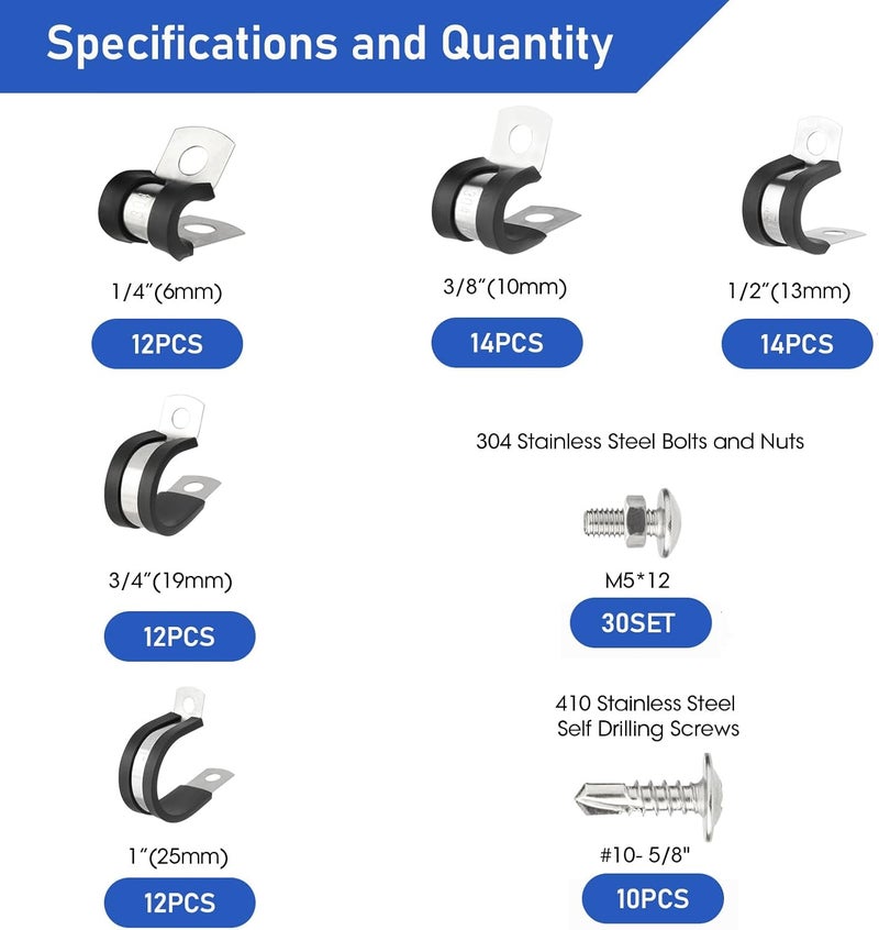 Nicalas 134 PCS Cable Clamps Assortment Kit and Stainless Steel Screws,304 Stainless Steel Rubber Cushioned Insulated Wire P Clamps 5 Sizes:1/4" 3/8" 1/2" 3/4" 1" - Image 2